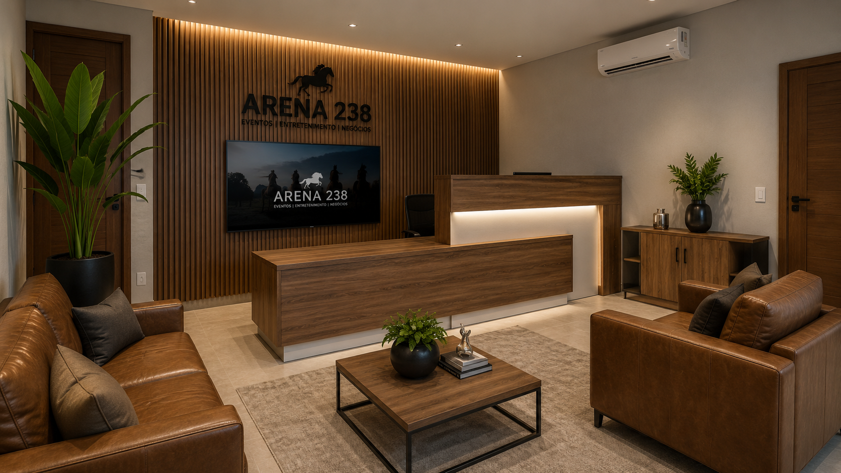 Recepção da Arena 238 com marcenaria ripada e sofás de couro