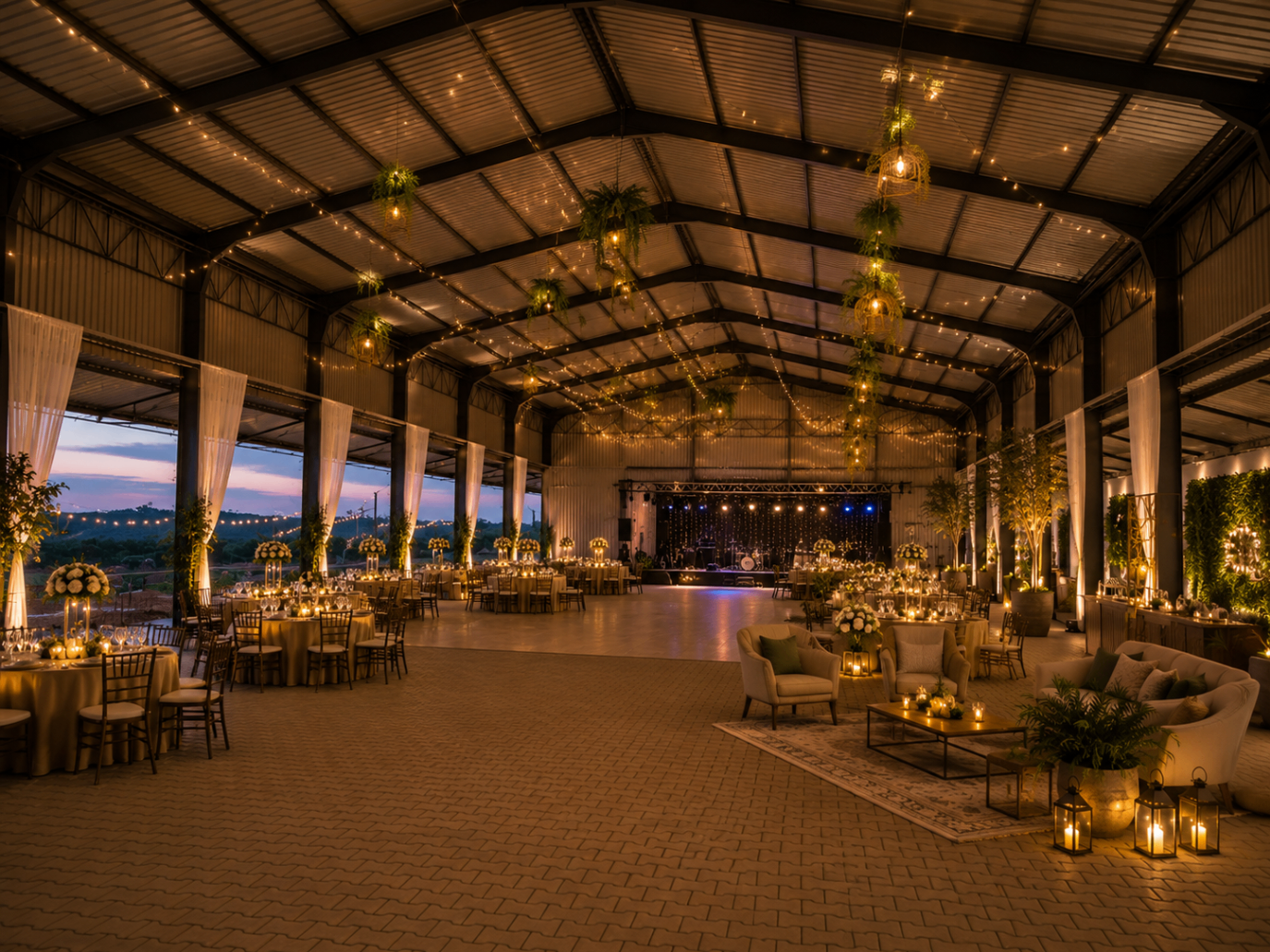 Salão de eventos da Arena 238 decorado para casamento ao entardecer