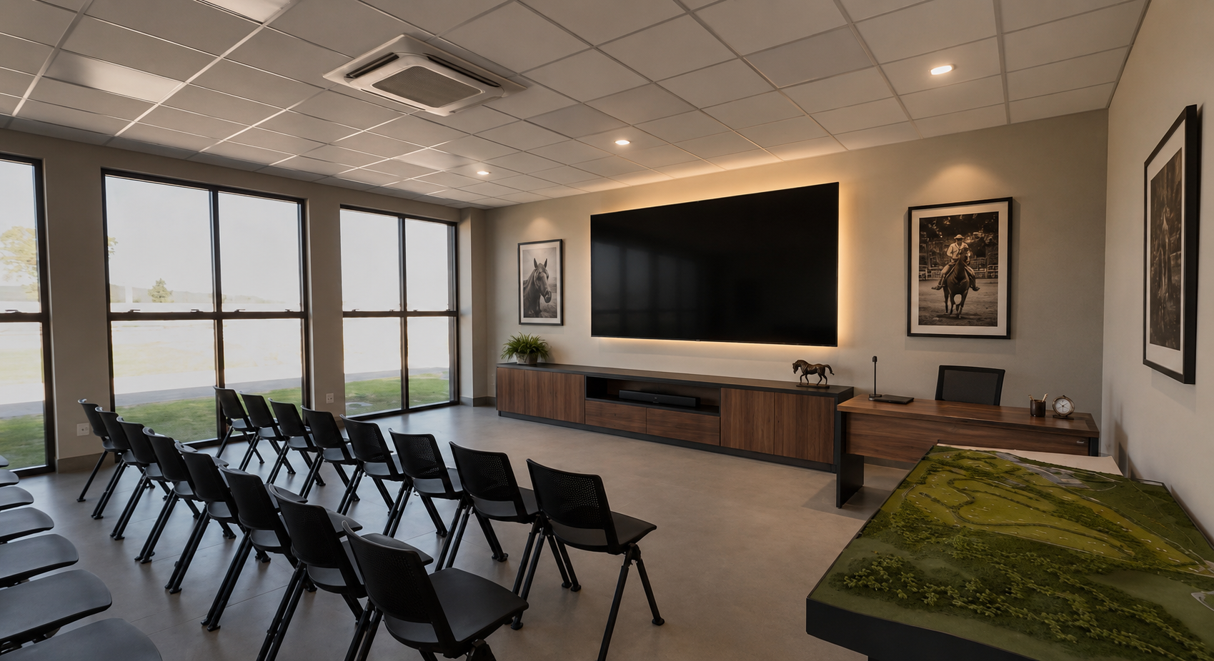 Sala de apresentações da Arena 238 com cadeiras e telão