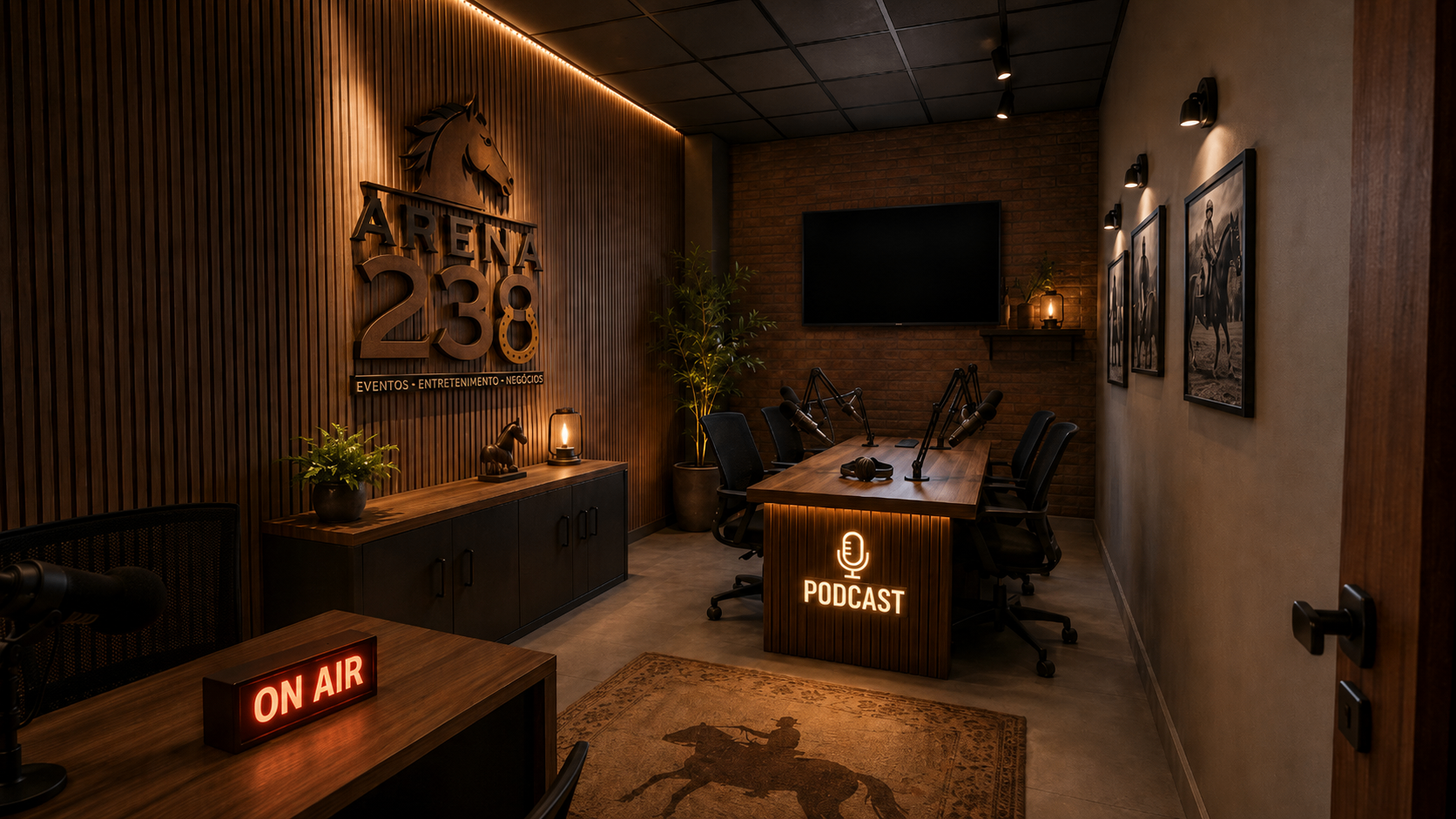 Estúdio de podcast da Arena 238 com sinal On Air aceso